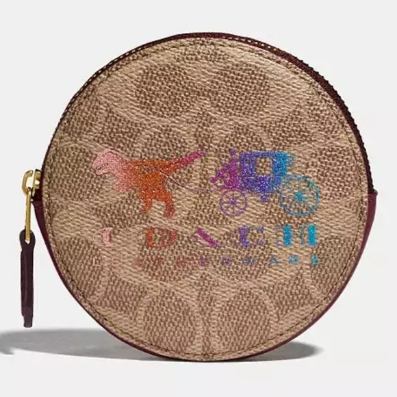 Coach Round Coin Case in Signature Canvas with Rexy and Carriage W/ Dustbag EUC - Picture 1 of 9